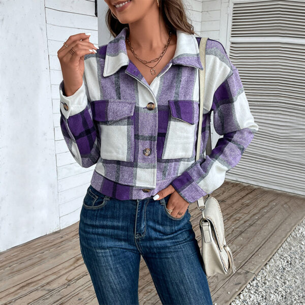 Women's Flannel Crop Jacket with Bold Plaid Pattern - Image 10