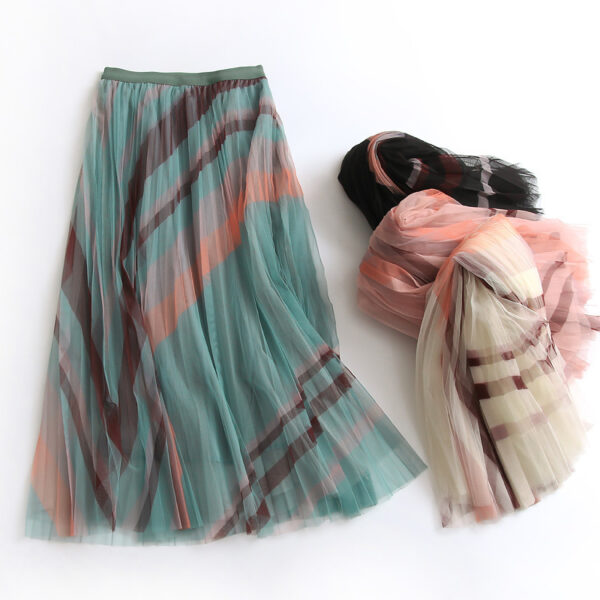 Loose Fitting A-Line Skirt with Pleats and Stripes