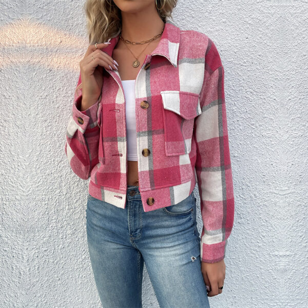 Women's Flannel Crop Jacket with Bold Plaid Pattern - Image 9