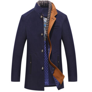 Men’s Short Trench Coat – Slim Fit Wool Peacoat with Stand Collar & Scarf