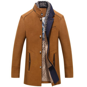 Men’s Short Trench Coat – Slim Fit Wool Peacoat with Stand Collar & Scarf