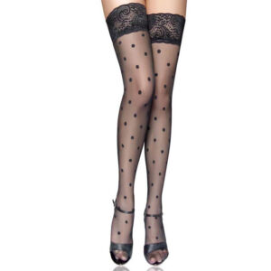 Women’s Black Lace Thigh High Stockings with Polka Dot Design
