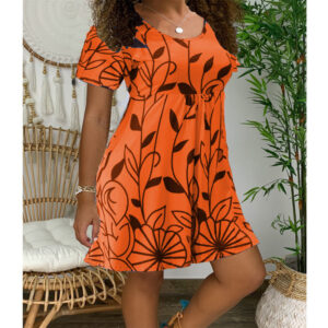 Stylish Loose Fit Midi Sundress for Women with Short Sleeves and Leaf Pattern