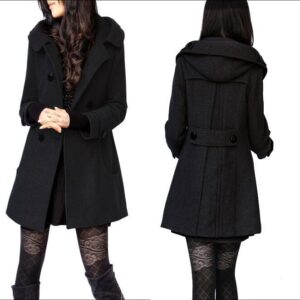 Women’s Warm Double-Breasted Wool Pea Coat with Hood – Stylish & Cozy