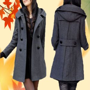 Women’s Warm Double-Breasted Wool Pea Coat with Hood – Stylish & Cozy