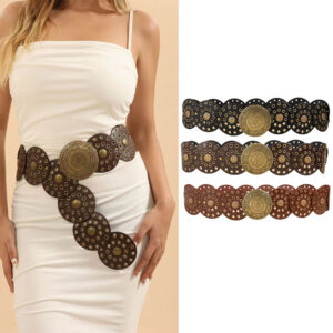 Women’s Western-Style Circle Belt – Hollow Out Disc Design with Metal Buckle