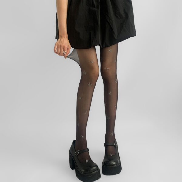 Black With Diamond Bow Stockings Thin Snagging Resistant Pantyhose - Image 4