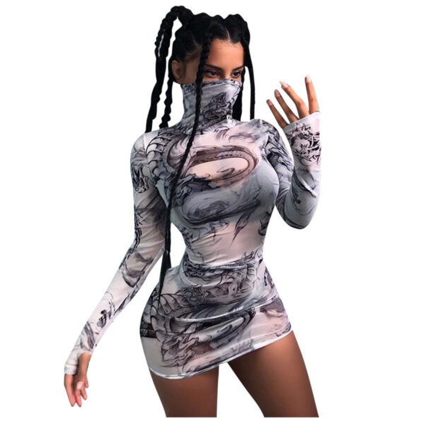 Women's Sexy Dragon Print Dress – Mesh See-Through Bodycon Style - Image 2