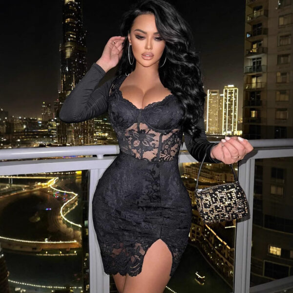 Elegant Sheer Lace Dress – Knitted Design with Lace Cup Detail - Image 4