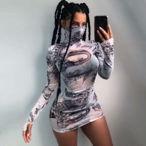 Women’s Sexy Dragon Print Dress – Mesh See-Through Bodycon Style