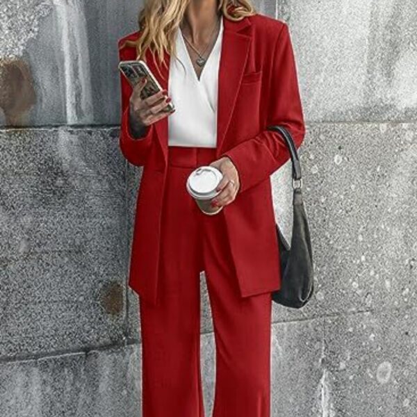 Elegant Women's Blazer Set – Two Piece Business Suit with Wide Leg Pants