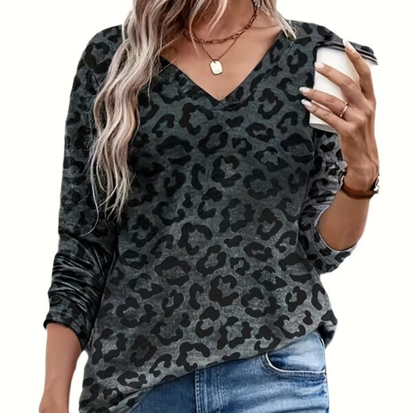 Leopard Print Top – Women's V-Neck Long Sleeve Blouse - Image 7