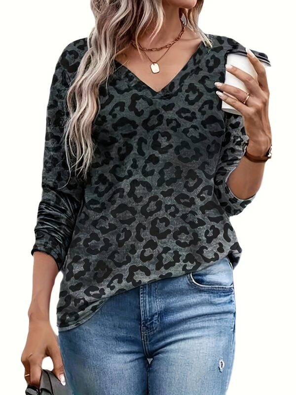 Leopard Print Top – Women's V-Neck Long Sleeve Blouse - Image 6