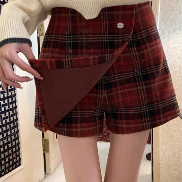 Red Plaid Skirt Women's Autumn And Winter American Retro A- Line Skirt Woolen Culottes - Image 4