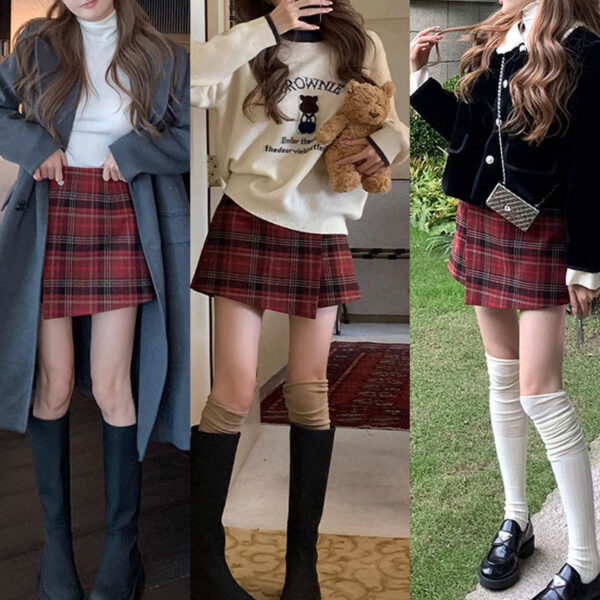 Red Plaid Skirt Women's Autumn And Winter American Retro A- Line Skirt Woolen Culottes