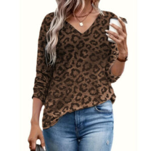 Leopard Print Top – Women’s V-Neck Long Sleeve Blouse