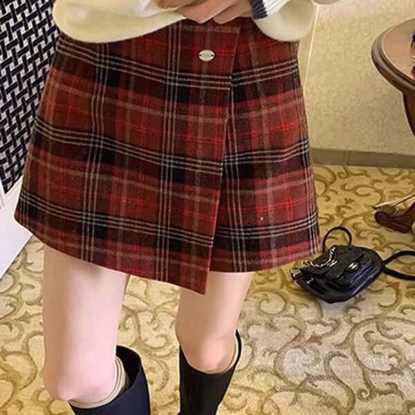 Red Plaid Skirt Women's Autumn And Winter American Retro A- Line Skirt Woolen Culottes - Image 9