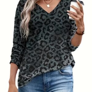 Leopard Print Top – Women’s V-Neck Long Sleeve Blouse
